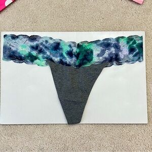 New Victoria's Secret PINK Gray Colorful Tie Dye Lace trim thong panties Large L